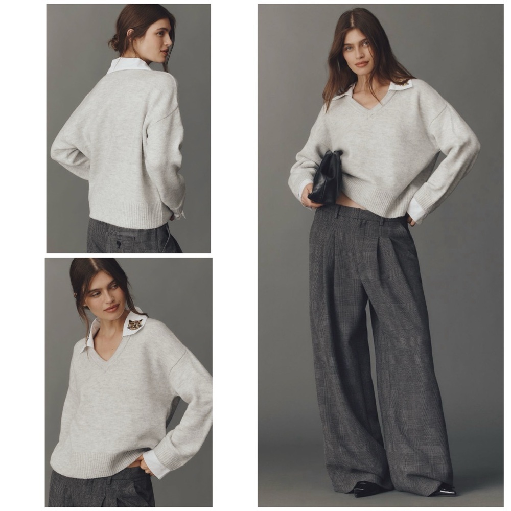 NWT Anthropologie Maeve Beadef Cat Kitten Embroidered Collared V-Neck Sweater XS